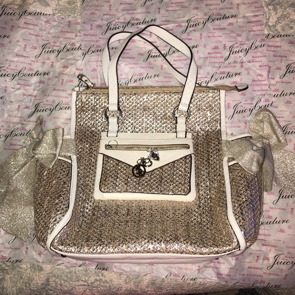 JUICY COUTURE WHITE LEATHER➕BRAIDED FABRIC WITH GOLD SHEEN—LRG BAG